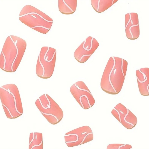 Medium Length Square Tipped Pink & White Design, Press On Nails Kit, NIB - Picture 2 of 4